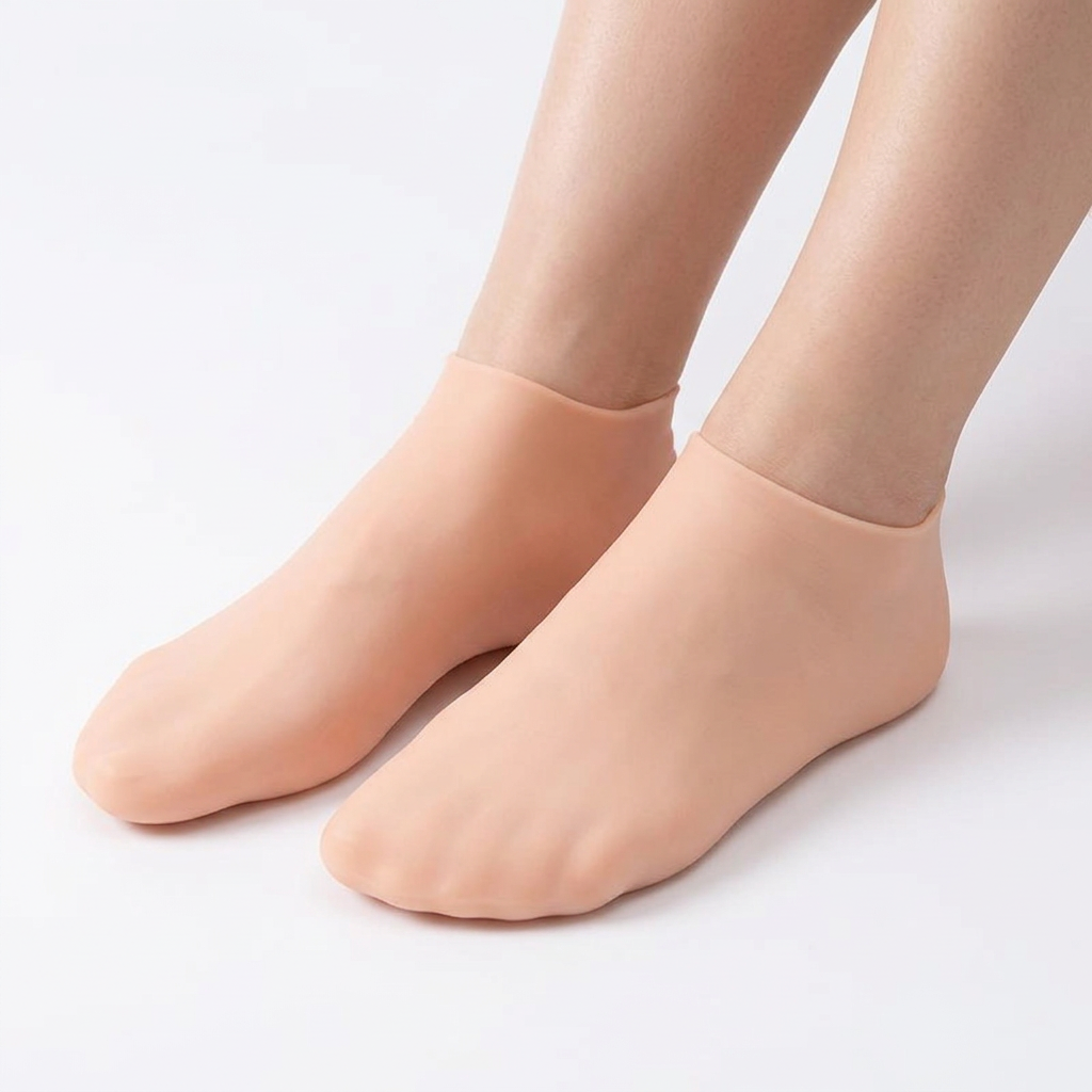 Adult feet wearing peach closed-toe ankle-length silicone foot-care socks on a white background