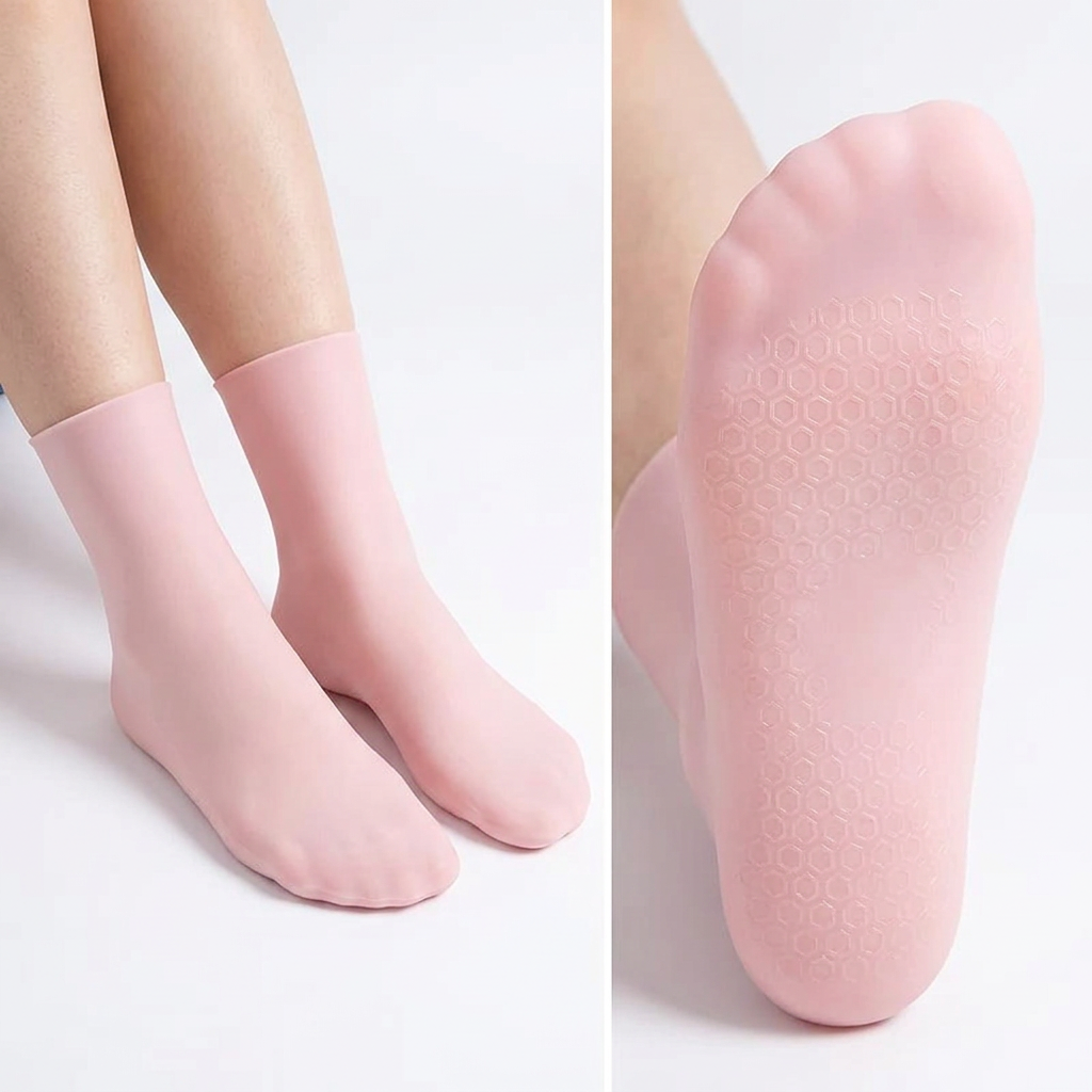 Adult feet wearing pink long silicone gel foot-care socks on a white background