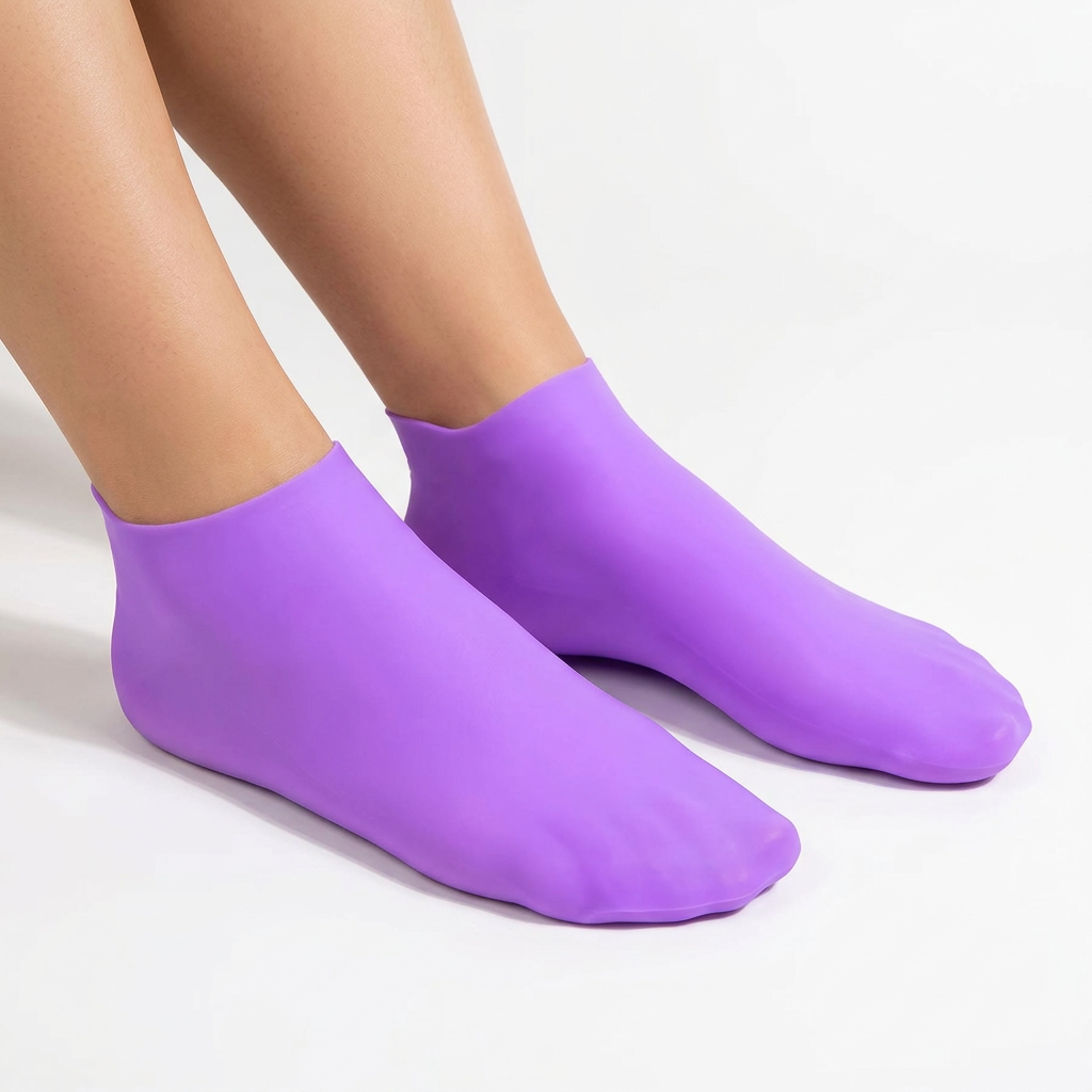 Adult feet wearing purple closed-toe silicone foot-care socks against a white background
