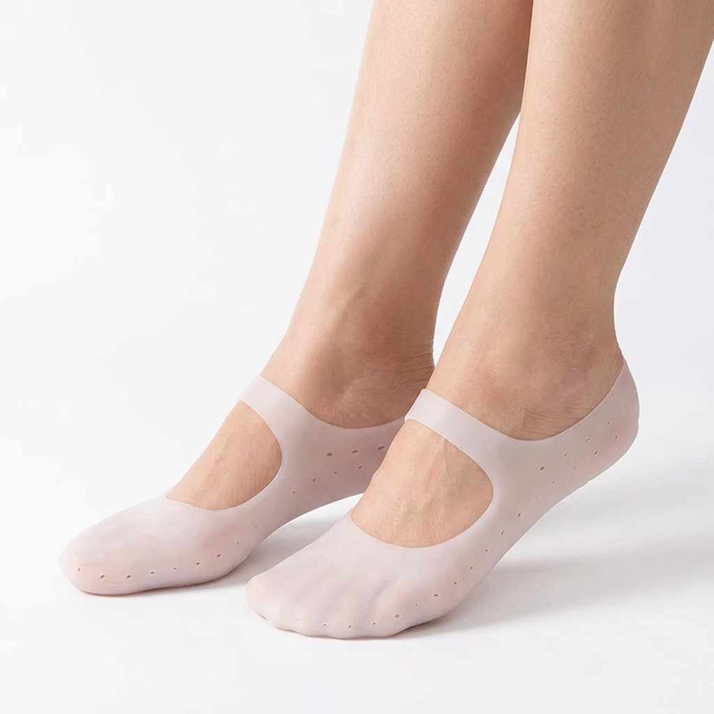 Adult feet wearing translucent white closed-toe gel foot covers on a white background