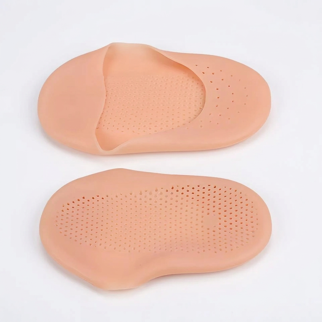 Beige gel foot covers showing the upper opening and perforated underside