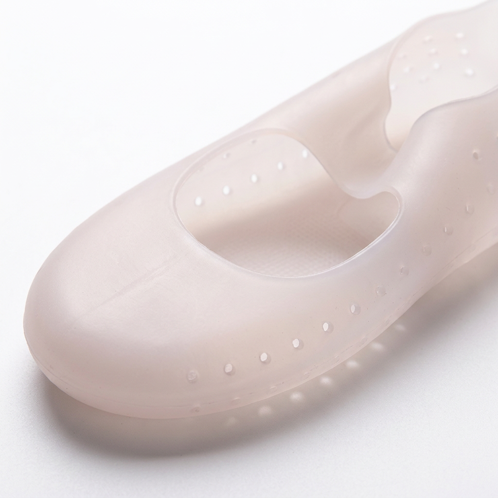 Close-up of small side perforations and the upper opening of a translucent gel foot cover