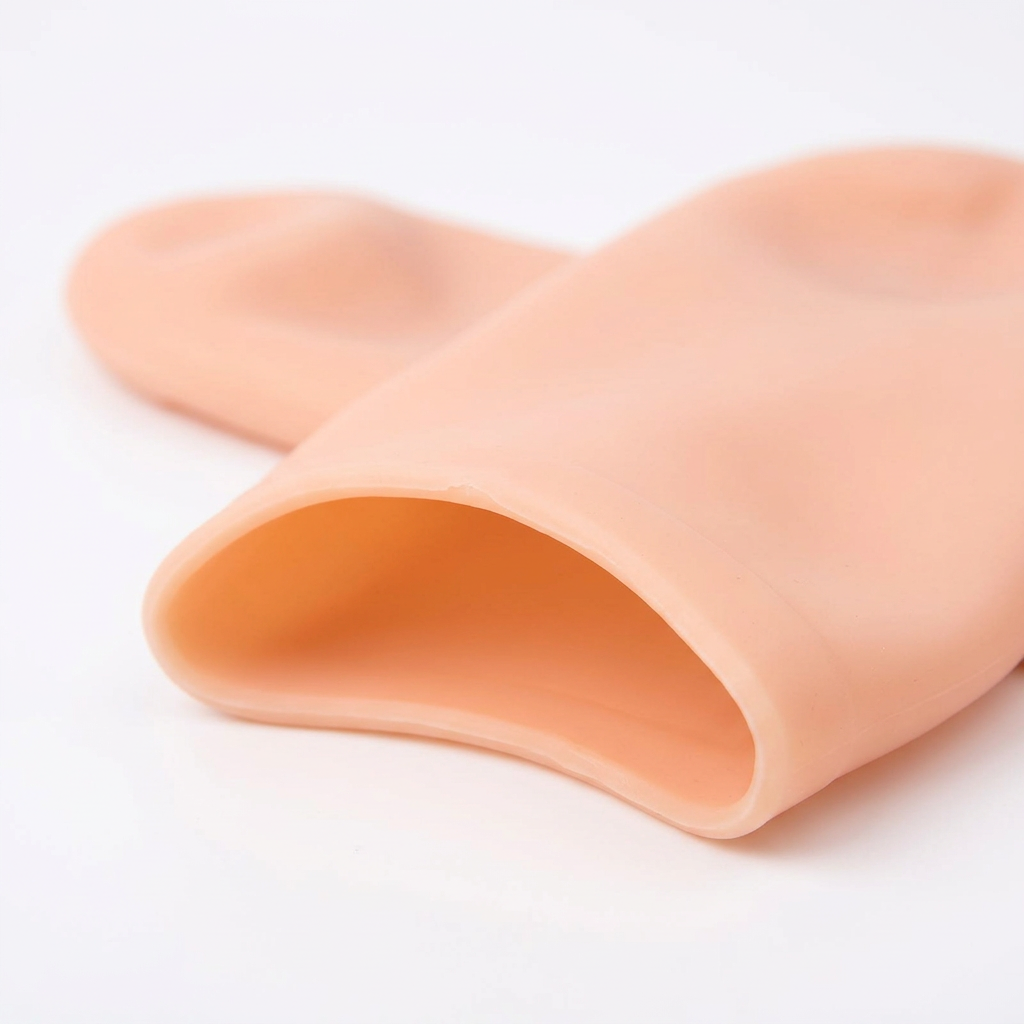 Close-up of the ankle opening and smooth surface of a peach silicone foot-care sock