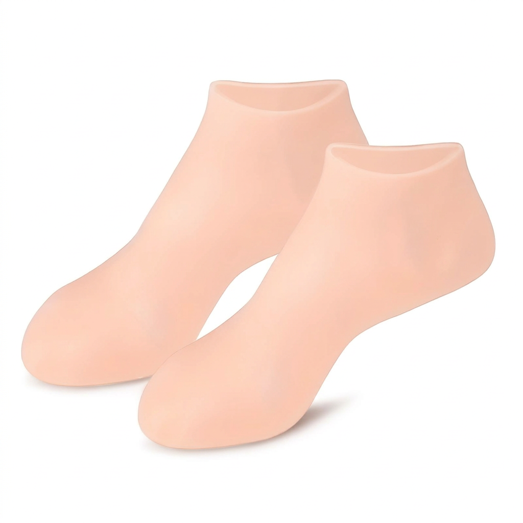 Pair of peach closed-toe silicone foot-care socks on a white background
