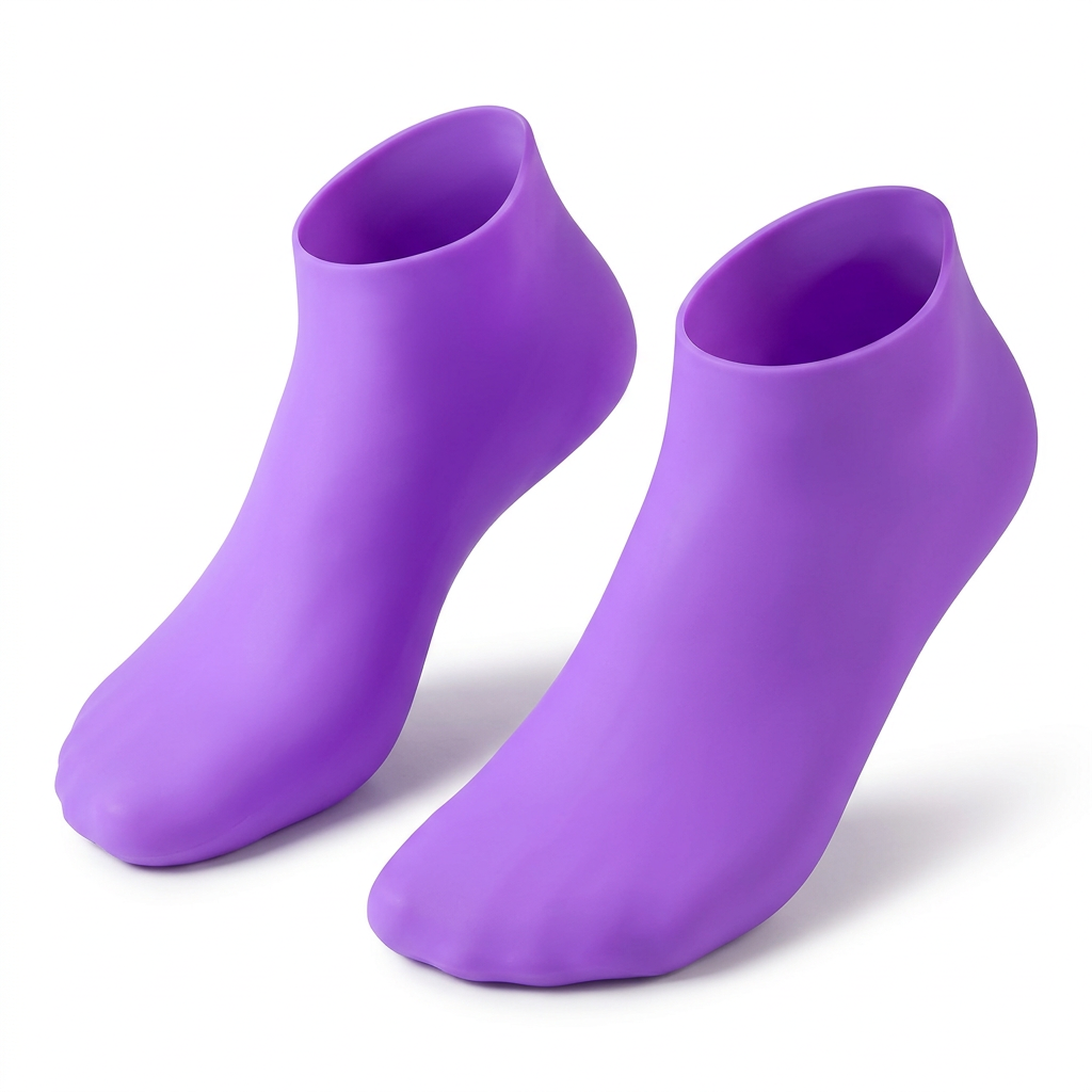 Pair of purple silicone foot-care socks on a white background