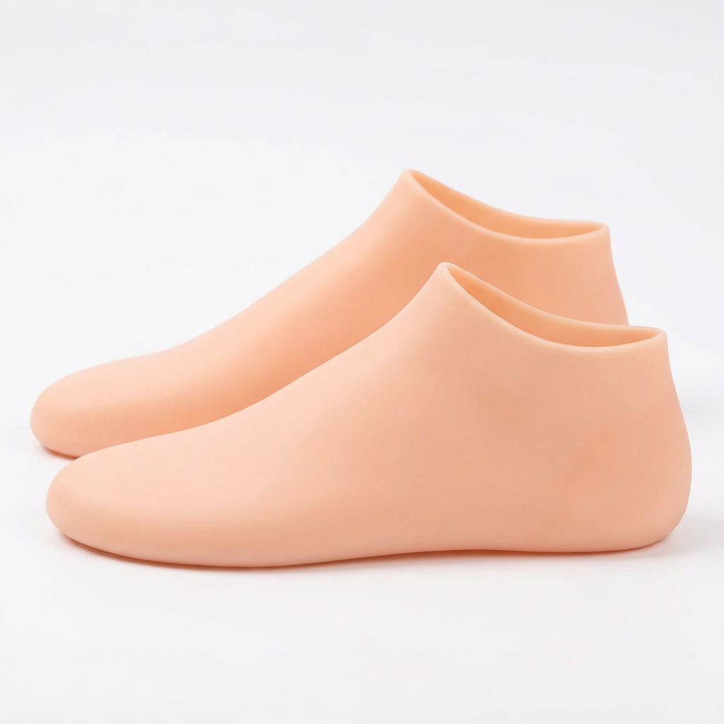 Side view of peach silicone foot-care socks showing the closed toes and heels