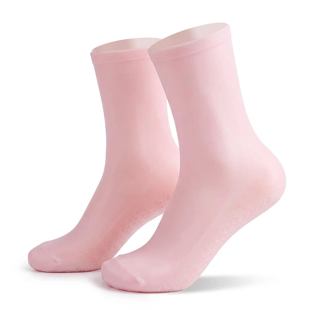 Side view of pink gel foot-care socks showing the heels and long cuffs