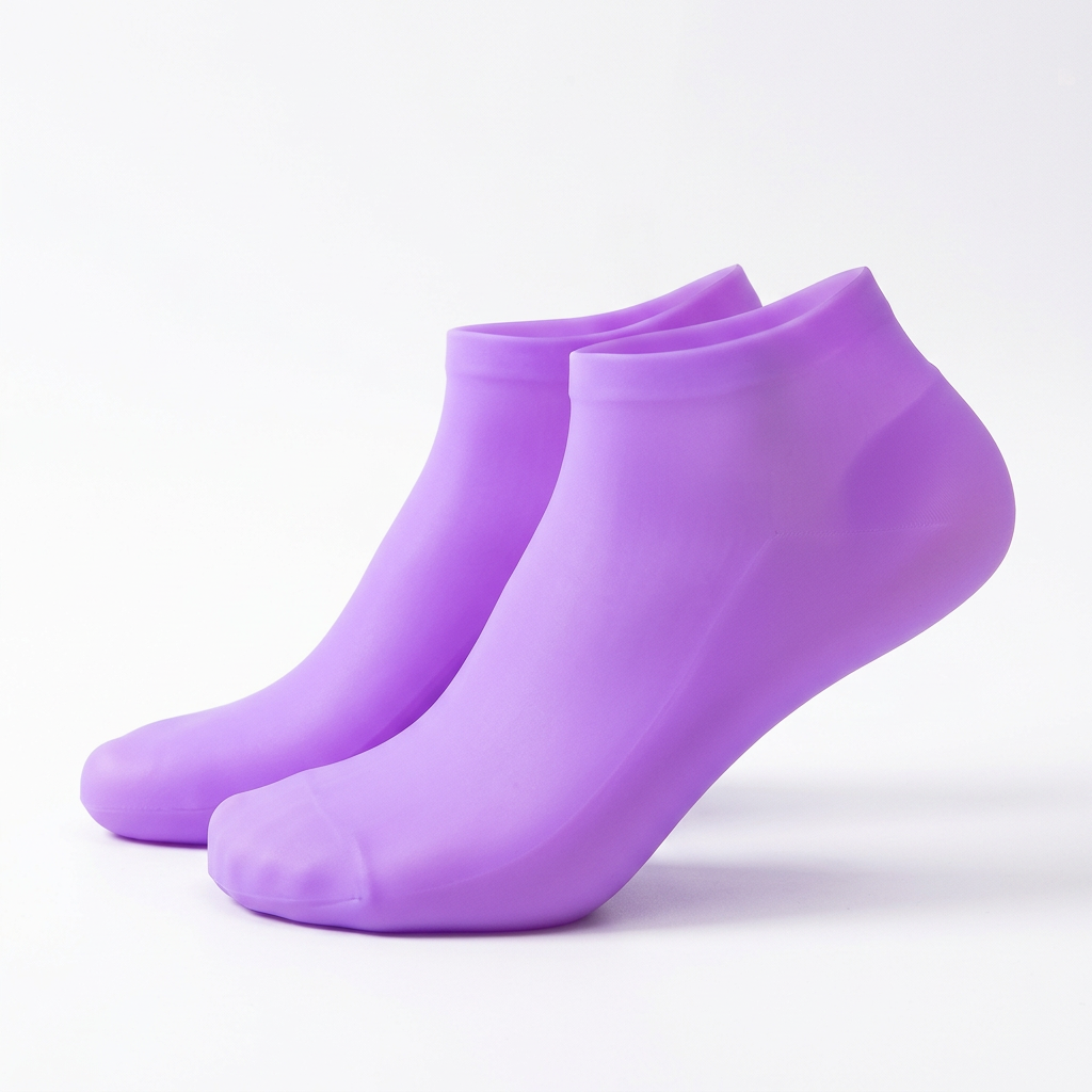 Side view of purple silicone foot-care socks showing the toe and heel shape