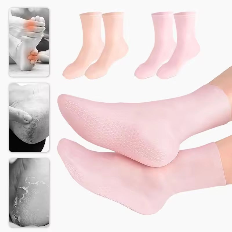 Supplier collage showing pink gel foot-care socks worn on feet and inset foot-care images