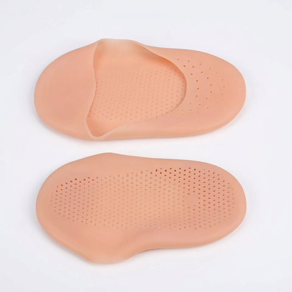 Top view of beige gel foot covers showing the large upper openings and closed toes