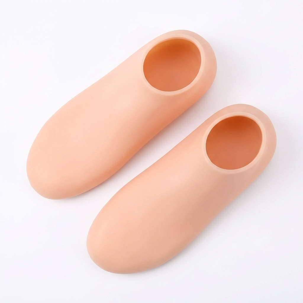 Top view of peach ankle-length silicone foot-care socks on a white background