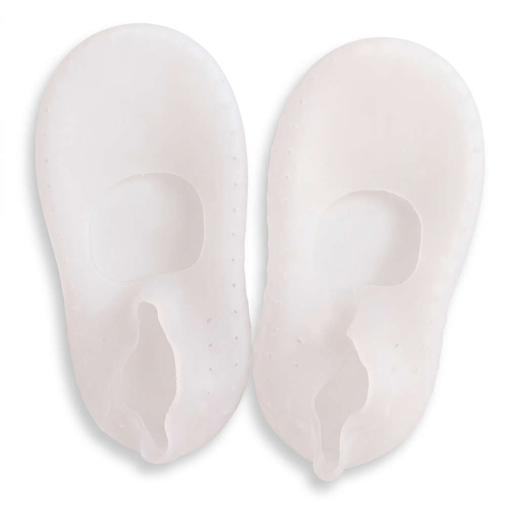 Top view of translucent white gel foot covers showing the upper openings